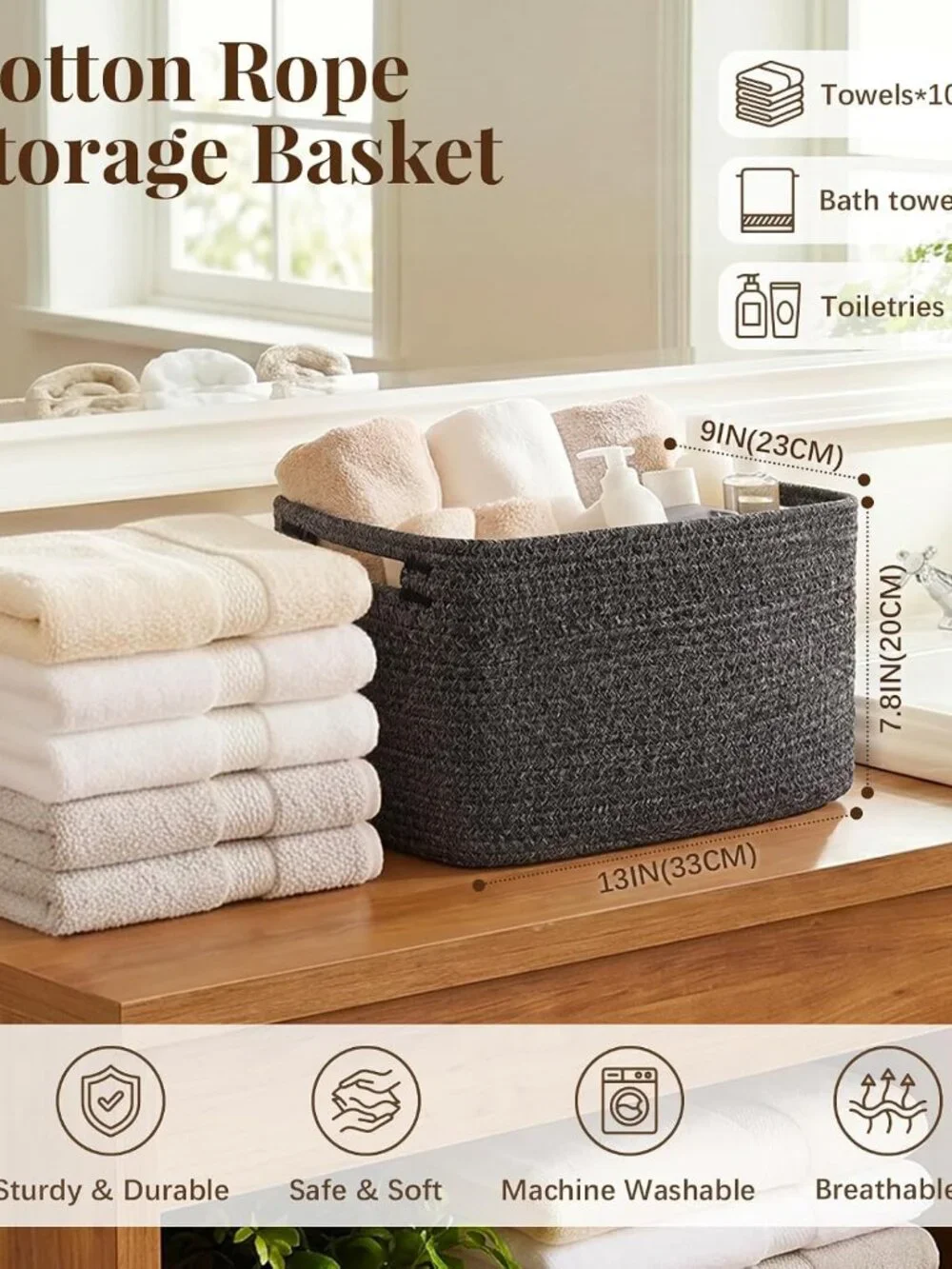 New 4Packs Natural Cotton Rope Storage Baskets for Organizing Toys, Clothes, Tow